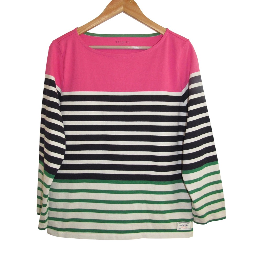 Talbots Authentic Petite XL Pink Green Stripe Cotton Boat Neck Top Preppy